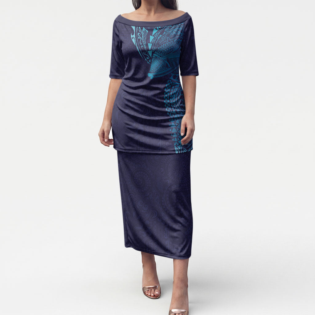 Hawaiian Humuhumu Tribal Tattoo Puletasi Polynesian Kakau Turquoise Color LT03 Long Dress Turquoise - Polynesian Pride