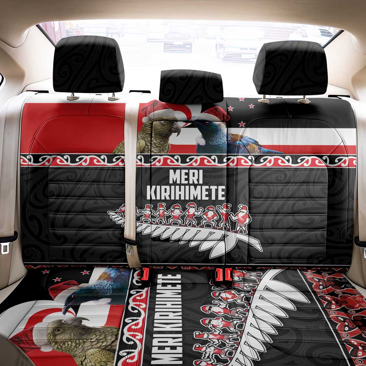 New Zealand Meri Kirihimete Back Car Seat Cover Christmas Tui Bird and Kea Bird - Haka Santa with Maori Koru Art Pattern
