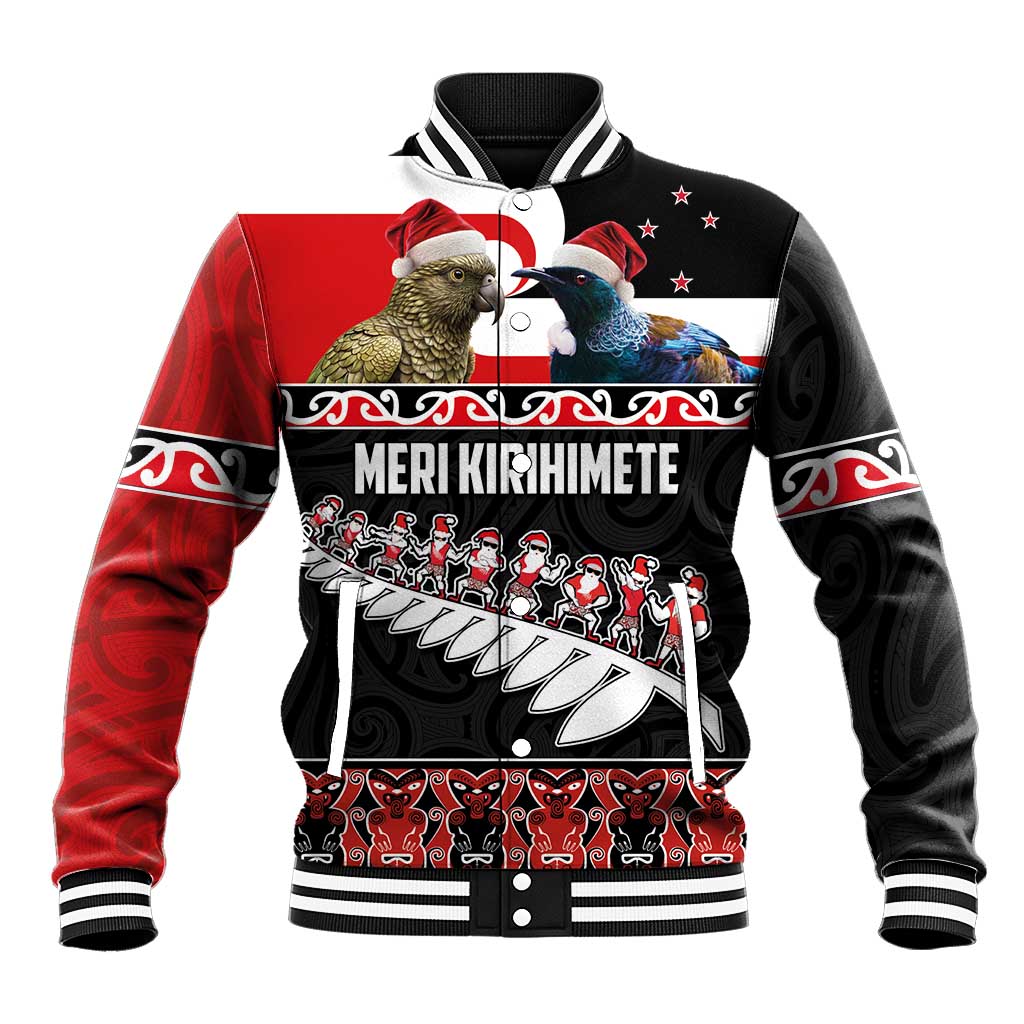 New Zealand Meri Kirihimete Baseball Jacket Christmas Tui Bird and Kea Bird - Haka Santa with Maori Koru Art Pattern