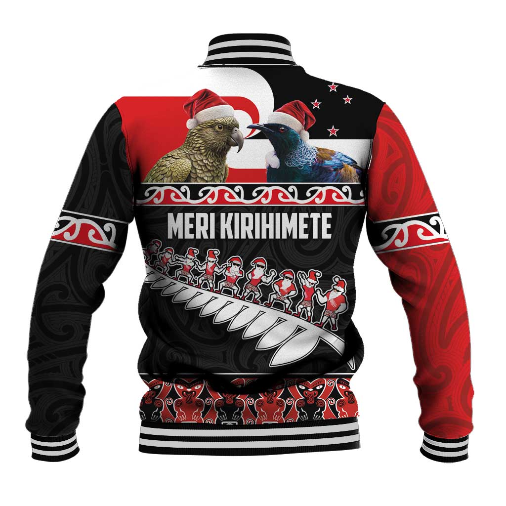 New Zealand Meri Kirihimete Baseball Jacket Christmas Tui Bird and Kea Bird - Haka Santa with Maori Koru Art Pattern