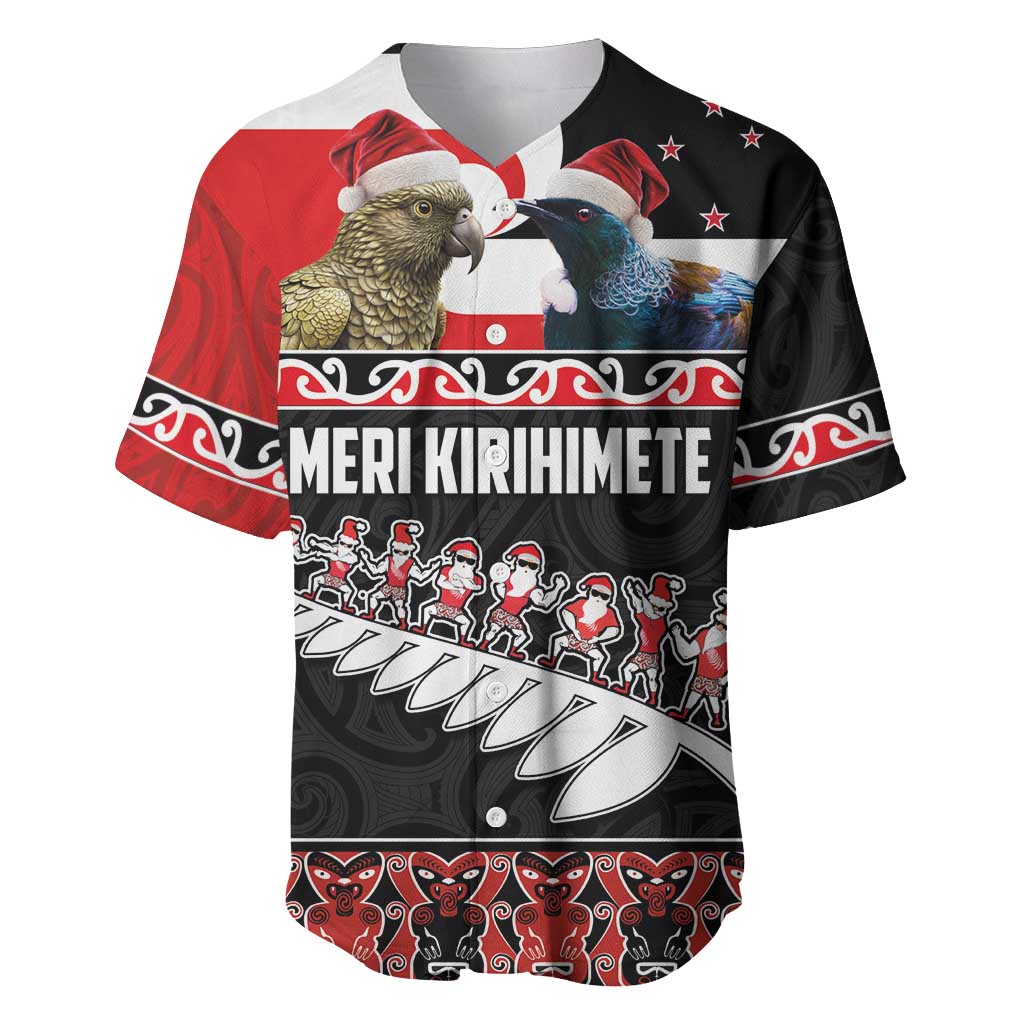 New Zealand Meri Kirihimete Baseball Jersey Christmas Tui Bird and Kea Bird - Haka Santa with Maori Koru Art Pattern