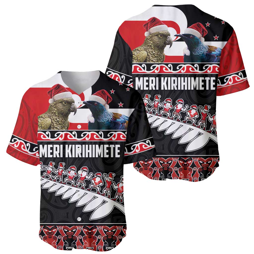 New Zealand Meri Kirihimete Baseball Jersey Christmas Tui Bird and Kea Bird - Haka Santa with Maori Koru Art Pattern