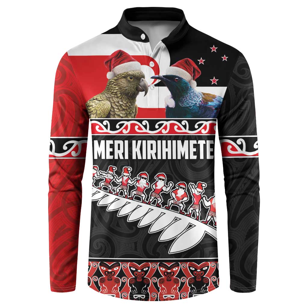 New Zealand Meri Kirihimete Button Sweatshirt Christmas Tui Bird and Kea Bird - Haka Santa with Maori Koru Art Pattern