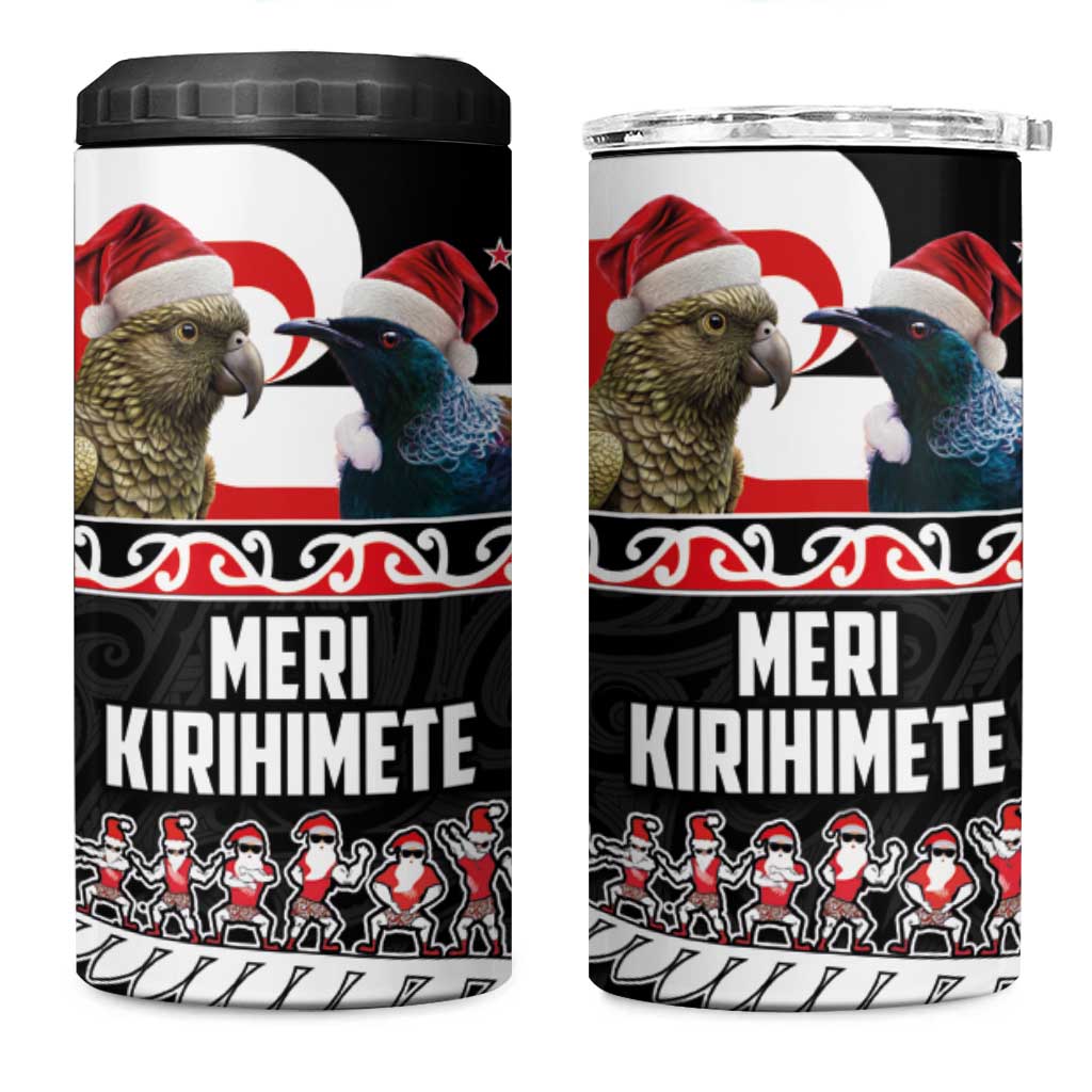 New Zealand Meri Kirihimete 4 in 1 Can Cooler Tumbler Christmas Tui Bird and Kea Bird - Haka Santa with Maori Koru Art Pattern