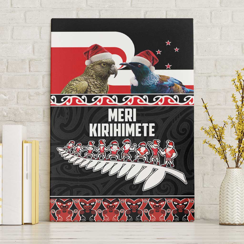 New Zealand Meri Kirihimete Canvas Wall Art Christmas Tui Bird and Kea Bird - Haka Santa with Maori Koru Art Pattern