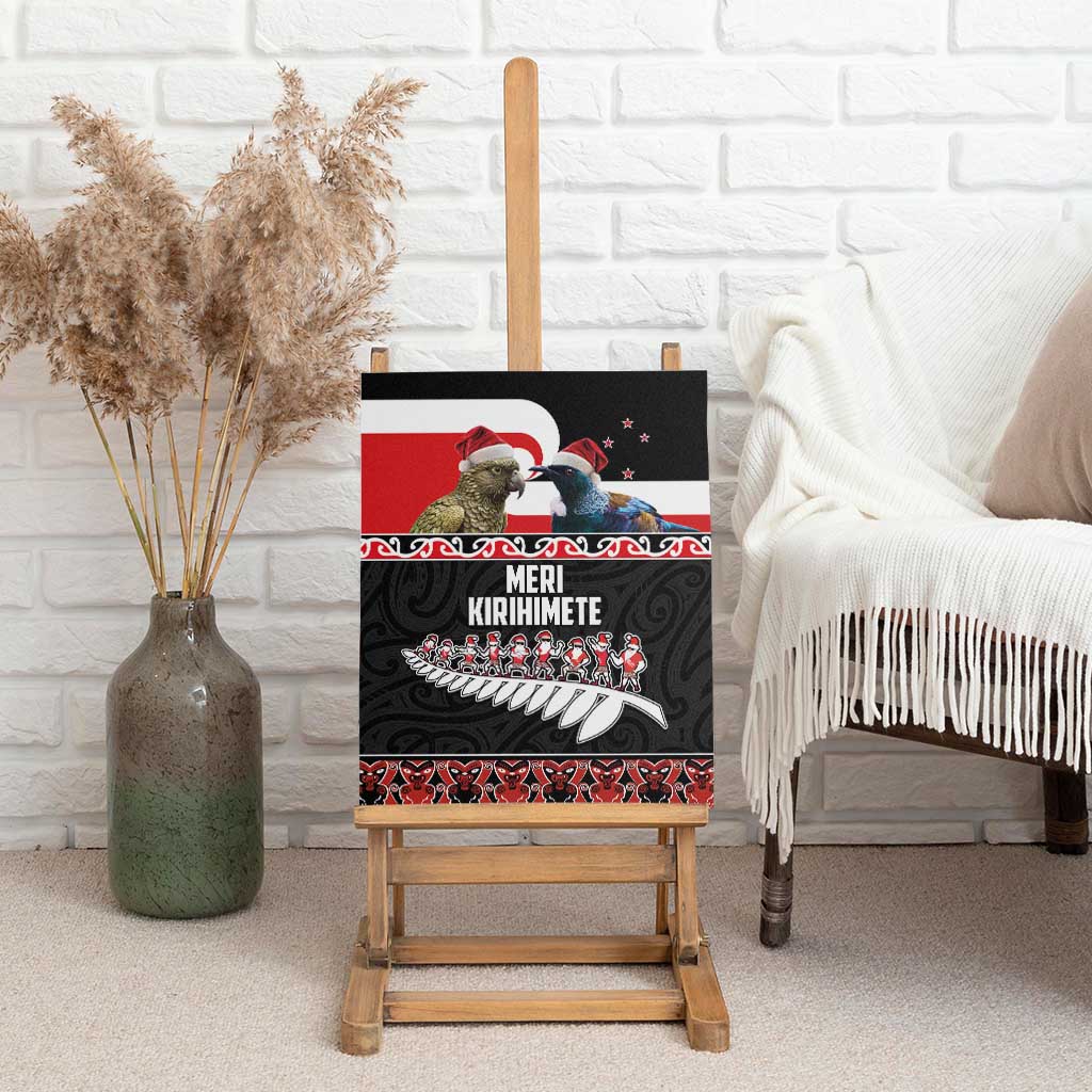 New Zealand Meri Kirihimete Canvas Wall Art Christmas Tui Bird and Kea Bird - Haka Santa with Maori Koru Art Pattern