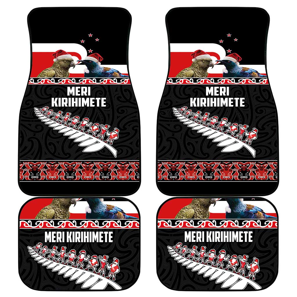New Zealand Meri Kirihimete Car Mats Christmas Tui Bird and Kea Bird - Haka Santa with Maori Koru Art Pattern