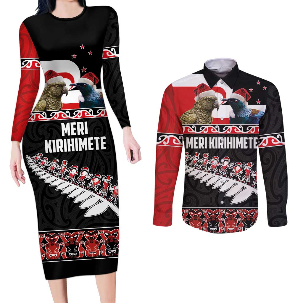 New Zealand Meri Kirihimete Couples Matching Long Sleeve Bodycon Dress and Long Sleeve Button Shirt Christmas Tui Bird and Kea Bird - Haka Santa with Maori Koru Art Pattern