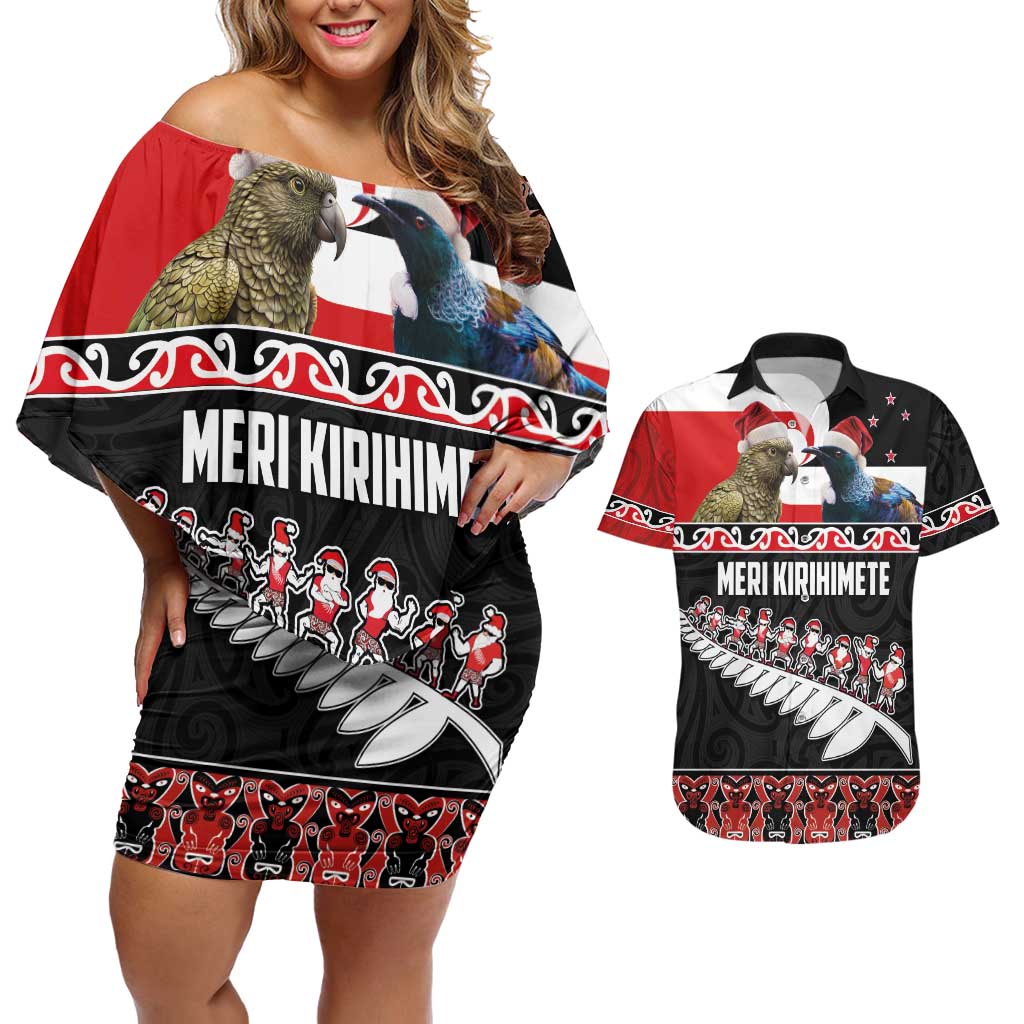 New Zealand Meri Kirihimete Couples Matching Off Shoulder Short Dress and Hawaiian Shirt Christmas Tui Bird and Kea Bird - Haka Santa with Maori Koru Art Pattern