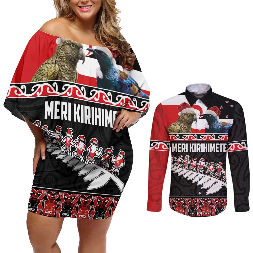 New Zealand Meri Kirihimete Couples Matching Off Shoulder Short Dress and Long Sleeve Button Shirt Christmas Tui Bird and Kea Bird - Haka Santa with Maori Koru Art Pattern