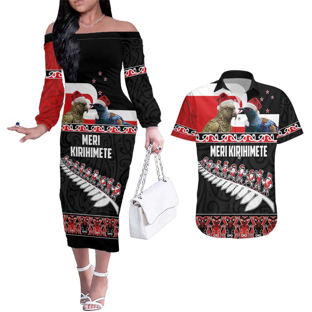 New Zealand Meri Kirihimete Couples Matching Off The Shoulder Long Sleeve Dress and Hawaiian Shirt Christmas Tui Bird and Kea Bird - Haka Santa with Maori Koru Art Pattern