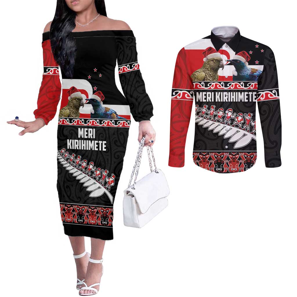 New Zealand Meri Kirihimete Couples Matching Off The Shoulder Long Sleeve Dress and Long Sleeve Button Shirt Christmas Tui Bird and Kea Bird - Haka Santa with Maori Koru Art Pattern