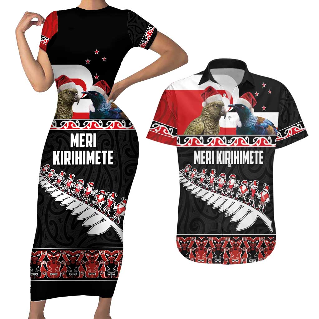 New Zealand Meri Kirihimete Couples Matching Short Sleeve Bodycon Dress and Hawaiian Shirt Christmas Tui Bird and Kea Bird - Haka Santa with Maori Koru Art Pattern