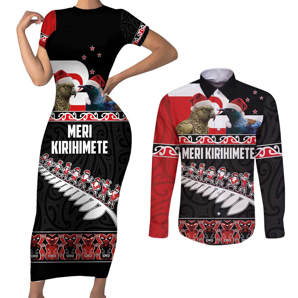 New Zealand Meri Kirihimete Couples Matching Short Sleeve Bodycon Dress and Long Sleeve Button Shirt Christmas Tui Bird and Kea Bird - Haka Santa with Maori Koru Art Pattern