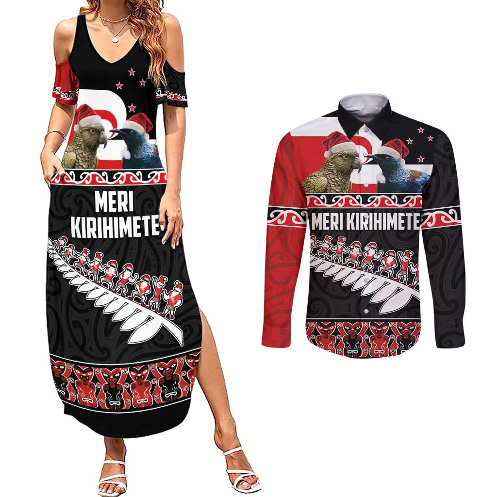 New Zealand Meri Kirihimete Couples Matching Summer Maxi Dress and Long Sleeve Button Shirt Christmas Tui Bird and Kea Bird - Haka Santa with Maori Koru Art Pattern