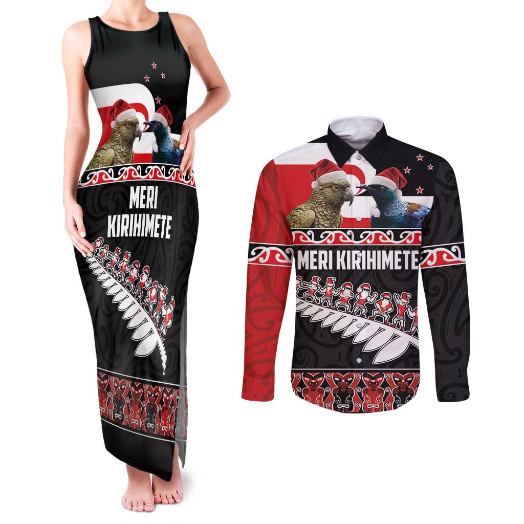 New Zealand Meri Kirihimete Couples Matching Tank Maxi Dress and Long Sleeve Button Shirt Christmas Tui Bird and Kea Bird - Haka Santa with Maori Koru Art Pattern