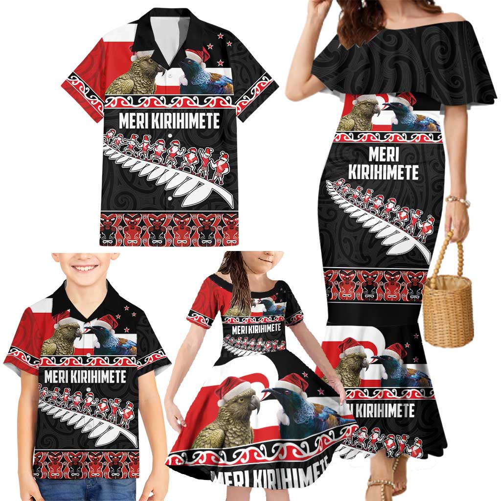 New Zealand Meri Kirihimete Family Matching Mermaid Dress and Hawaiian Shirt Christmas Tui Bird and Kea Bird - Haka Santa with Maori Koru Art Pattern