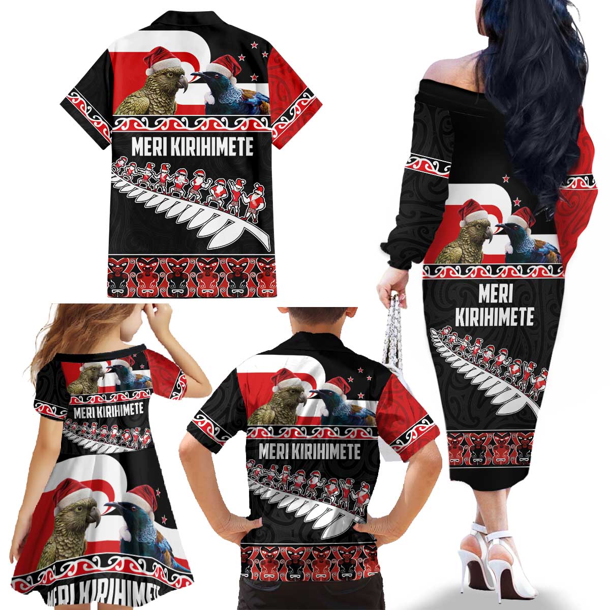 New Zealand Meri Kirihimete Family Matching Off The Shoulder Long Sleeve Dress and Hawaiian Shirt Christmas Tui Bird and Kea Bird - Haka Santa with Maori Koru Art Pattern