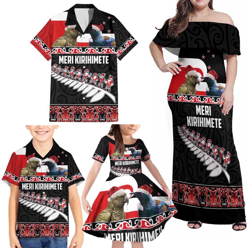 New Zealand Meri Kirihimete Family Matching Off Shoulder Maxi Dress and Hawaiian Shirt Christmas Tui Bird and Kea Bird - Haka Santa with Maori Koru Art Pattern