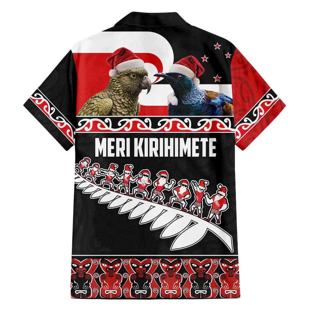 New Zealand Meri Kirihimete Family Matching Off Shoulder Short Dress and Hawaiian Shirt Christmas Tui Bird and Kea Bird - Haka Santa with Maori Koru Art Pattern