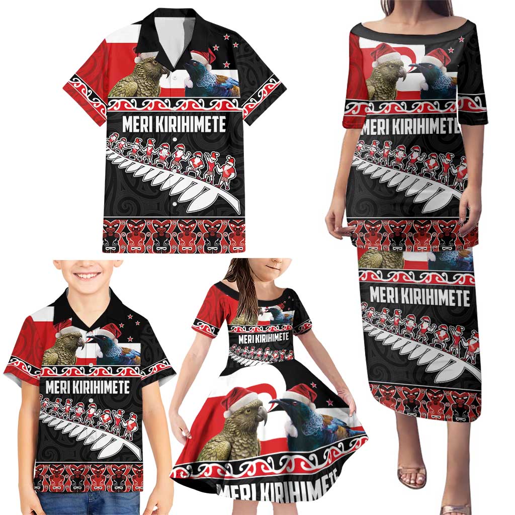 New Zealand Meri Kirihimete Family Matching Puletasi and Hawaiian Shirt Christmas Tui Bird and Kea Bird - Haka Santa with Maori Koru Art Pattern