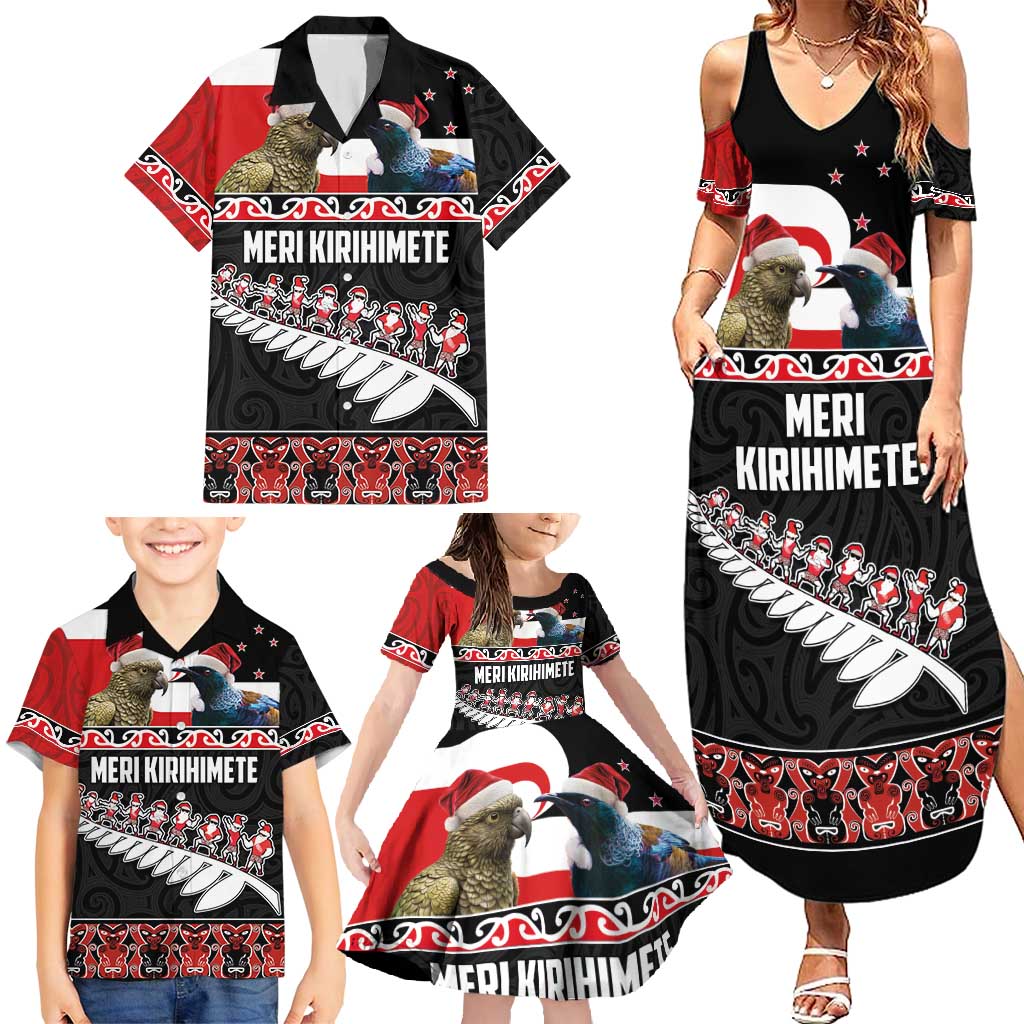 New Zealand Meri Kirihimete Family Matching Summer Maxi Dress and Hawaiian Shirt Christmas Tui Bird and Kea Bird - Haka Santa with Maori Koru Art Pattern