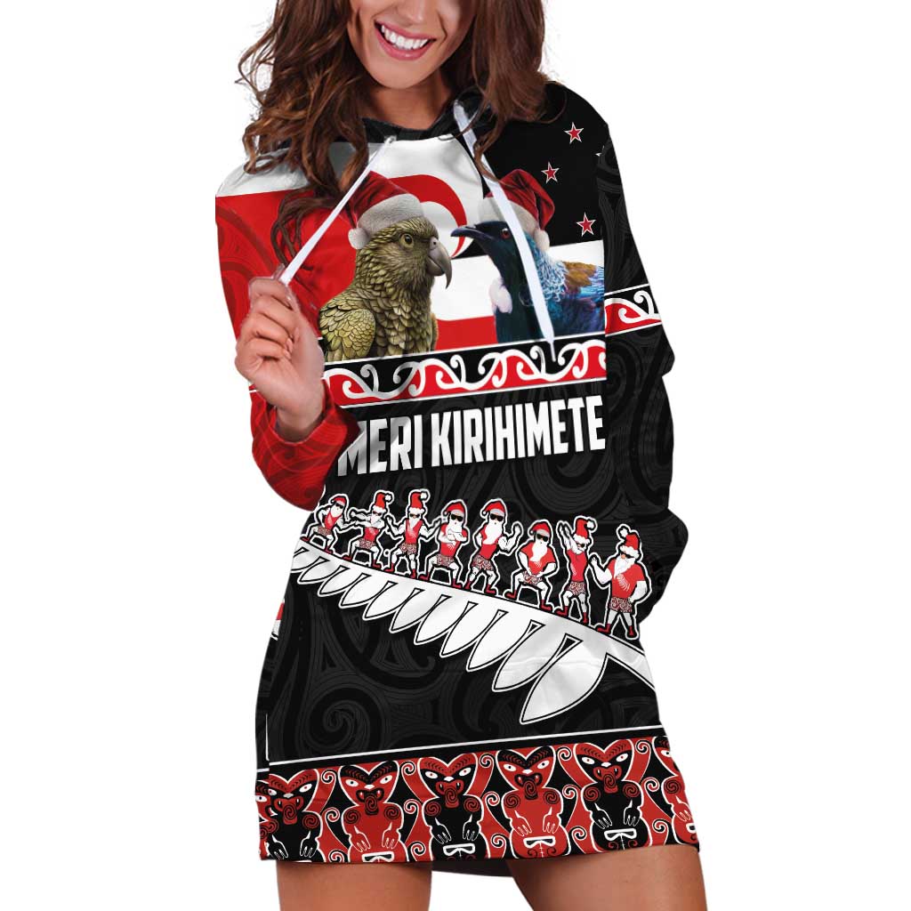 New Zealand Meri Kirihimete Hoodie Dress Christmas Tui Bird and Kea Bird - Haka Santa with Maori Koru Art Pattern