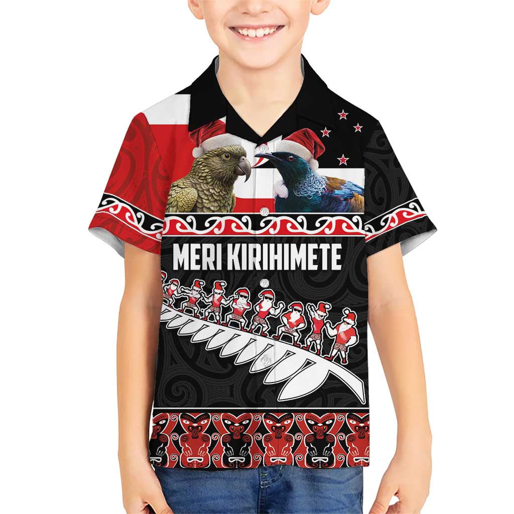 New Zealand Meri Kirihimete Kid Hawaiian Shirt Christmas Tui Bird and Kea Bird - Haka Santa with Maori Koru Art Pattern