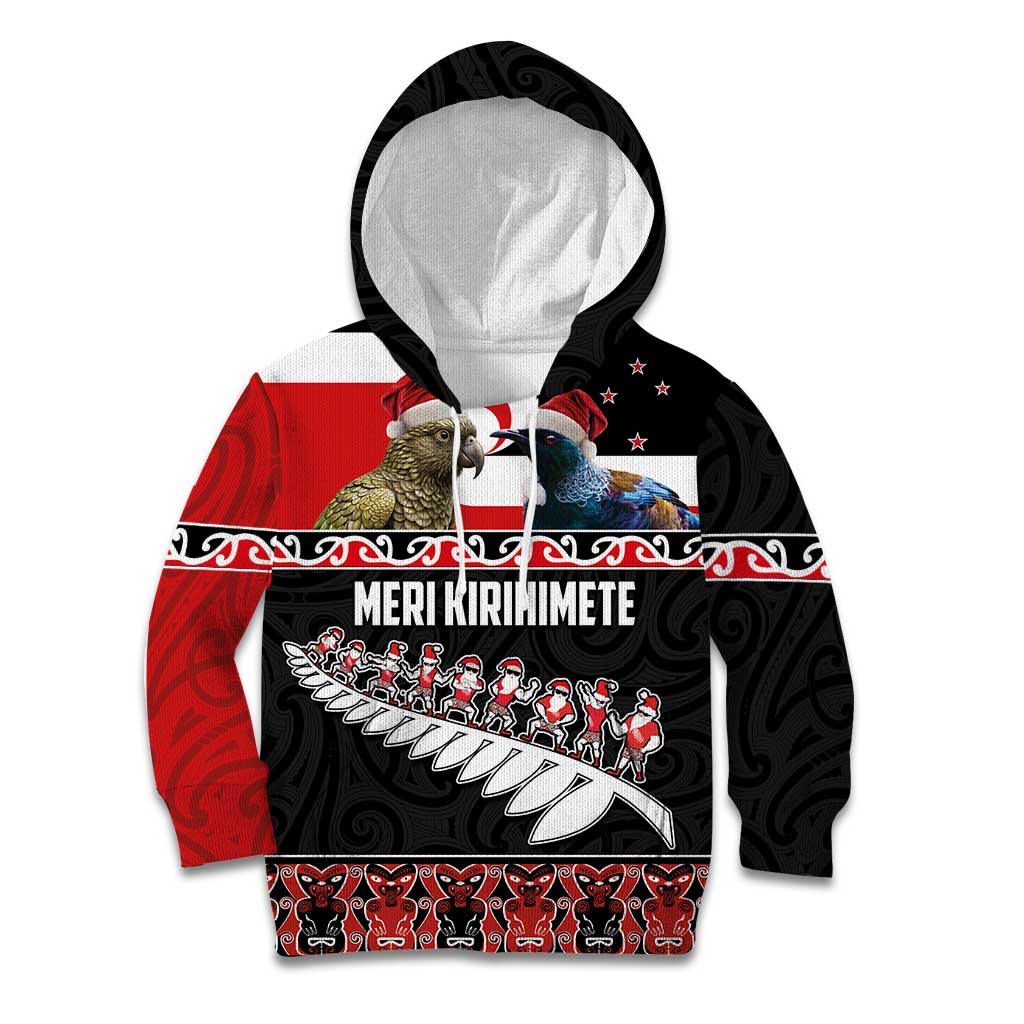 New Zealand Meri Kirihimete Kid Hoodie Christmas Tui Bird and Kea Bird - Haka Santa with Maori Koru Art Pattern