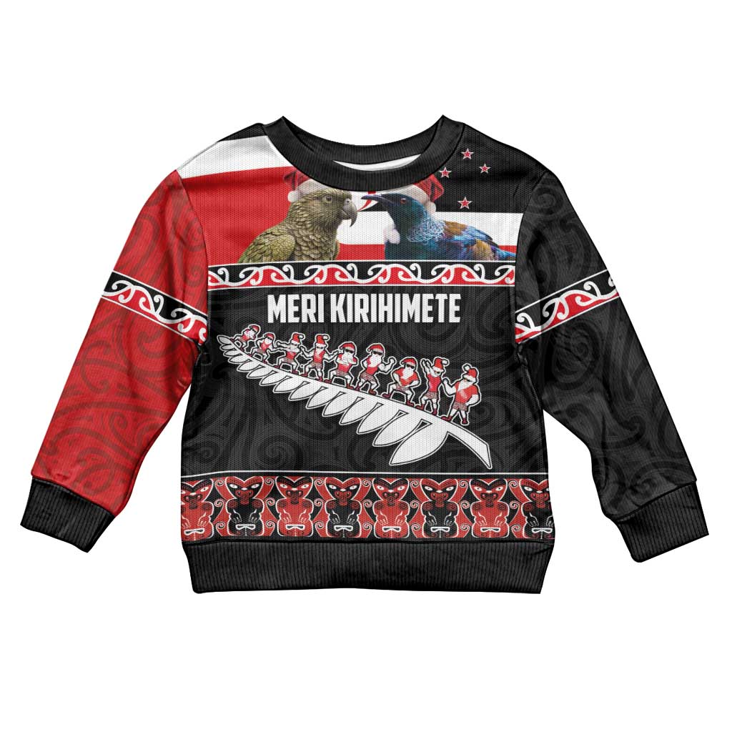 New Zealand Meri Kirihimete Kid Ugly Christmas Sweater Christmas Tui Bird and Kea Bird - Haka Santa with Maori Koru Art Pattern