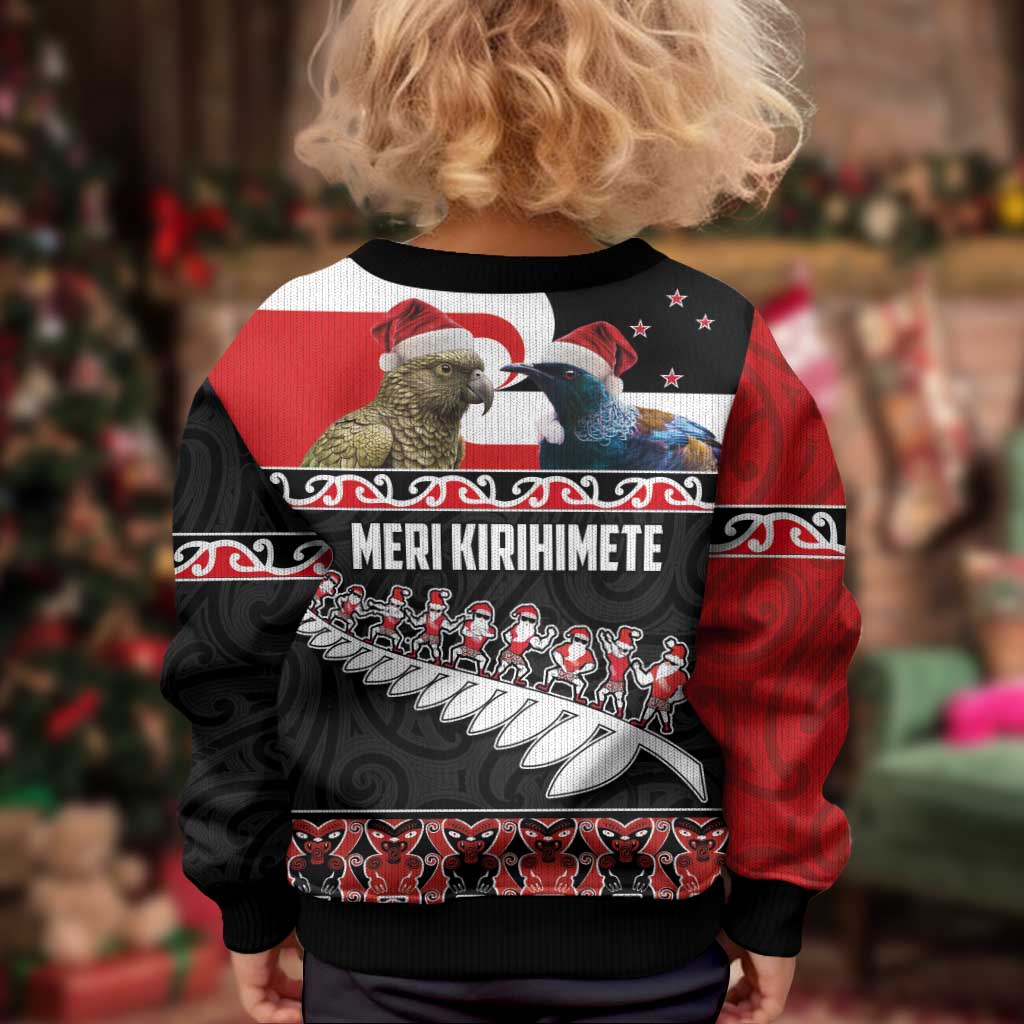 New Zealand Meri Kirihimete Kid Ugly Christmas Sweater Christmas Tui Bird and Kea Bird - Haka Santa with Maori Koru Art Pattern