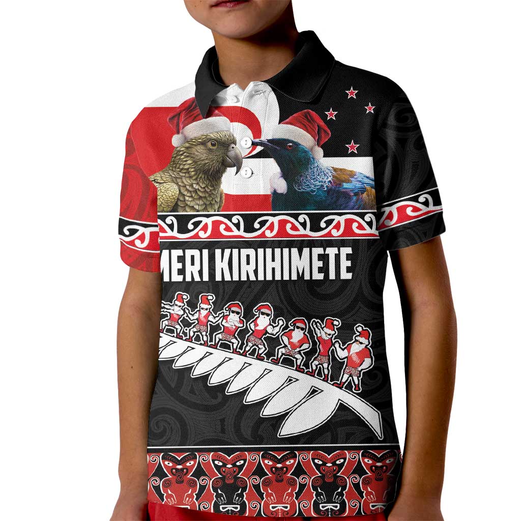 New Zealand Meri Kirihimete Kid Polo Shirt Christmas Tui Bird and Kea Bird - Haka Santa with Maori Koru Art Pattern