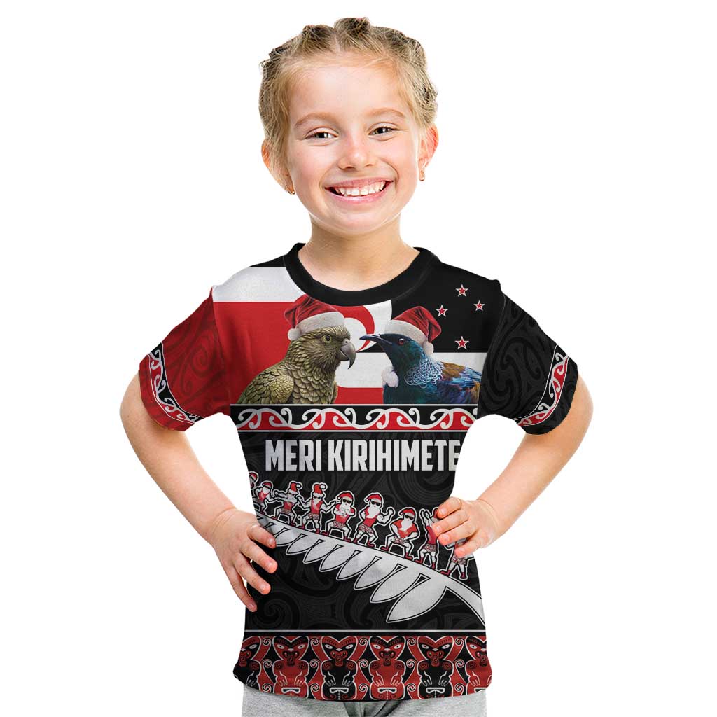 New Zealand Meri Kirihimete Kid T Shirt Christmas Tui Bird and Kea Bird - Haka Santa with Maori Koru Art Pattern