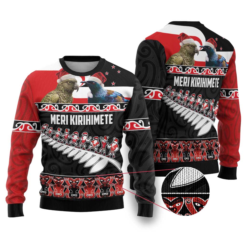 New Zealand Meri Kirihimete Ugly Christmas Sweater Christmas Tui Bird and Kea Bird - Haka Santa with Maori Koru Art Pattern