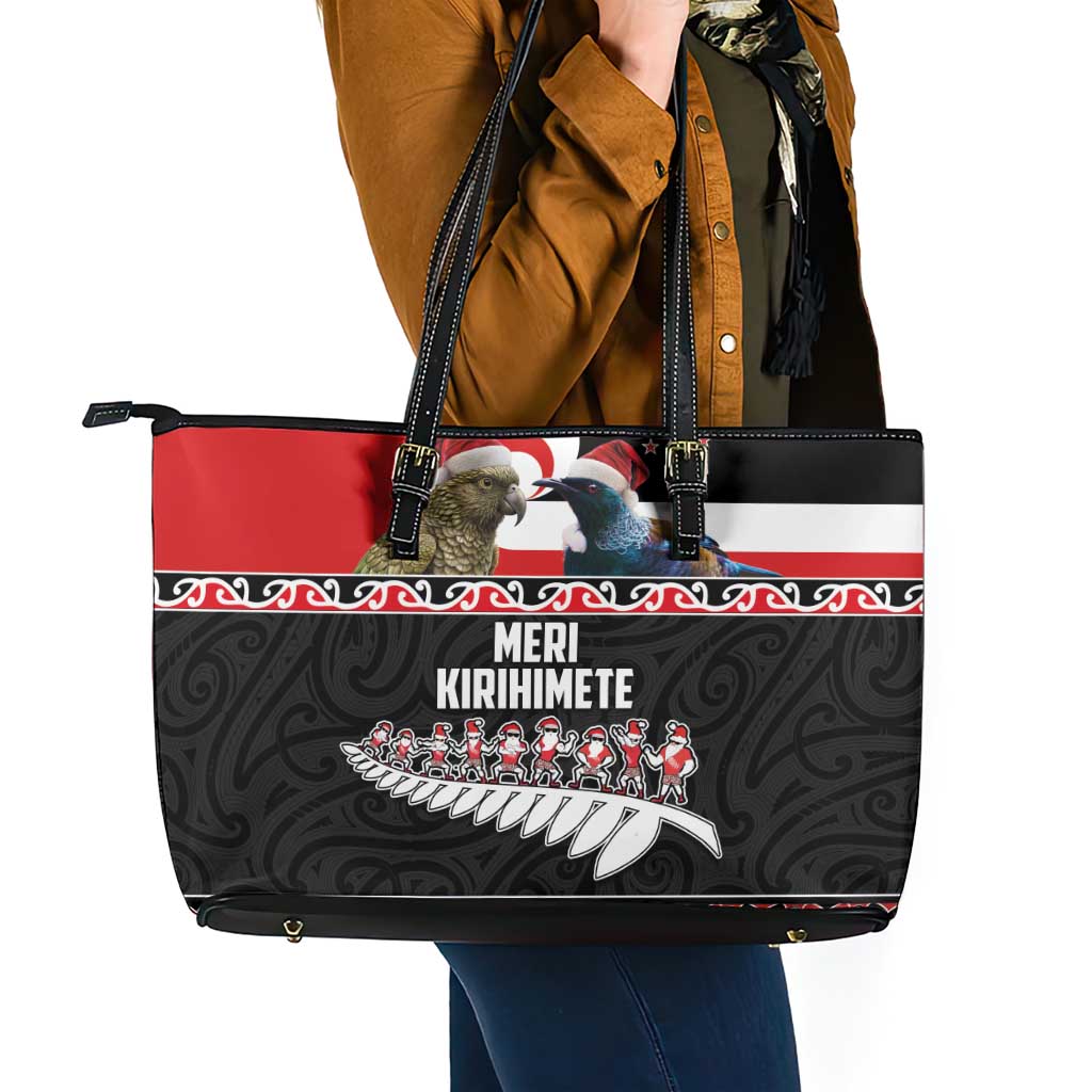 New Zealand Meri Kirihimete Leather Tote Bag Christmas Tui Bird and Kea Bird - Haka Santa with Maori Koru Art Pattern