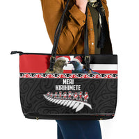 New Zealand Meri Kirihimete Leather Tote Bag Christmas Tui Bird and Kea Bird - Haka Santa with Maori Koru Art Pattern