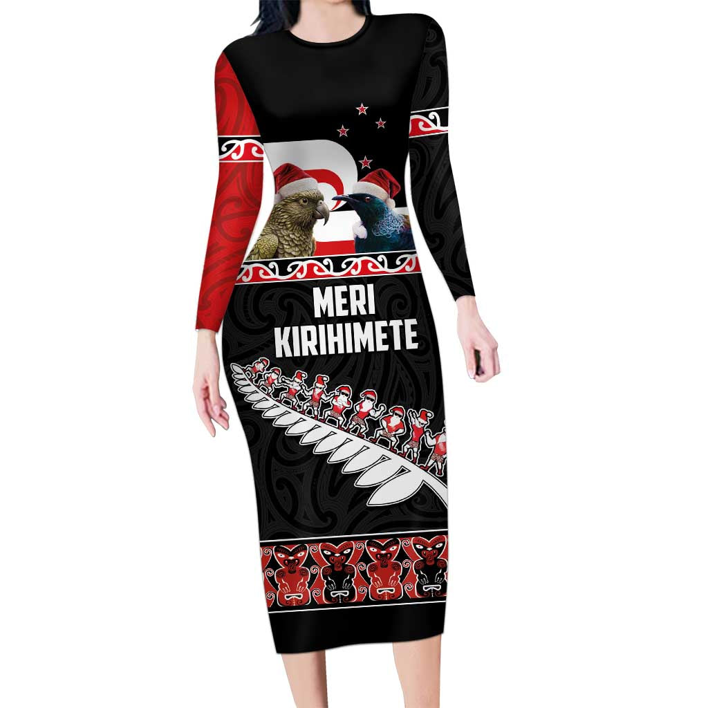 New Zealand Meri Kirihimete Long Sleeve Bodycon Dress Christmas Tui Bird and Kea Bird - Haka Santa with Maori Koru Art Pattern