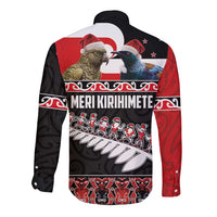 New Zealand Meri Kirihimete Long Sleeve Button Shirt Christmas Tui Bird and Kea Bird - Haka Santa with Maori Koru Art Pattern