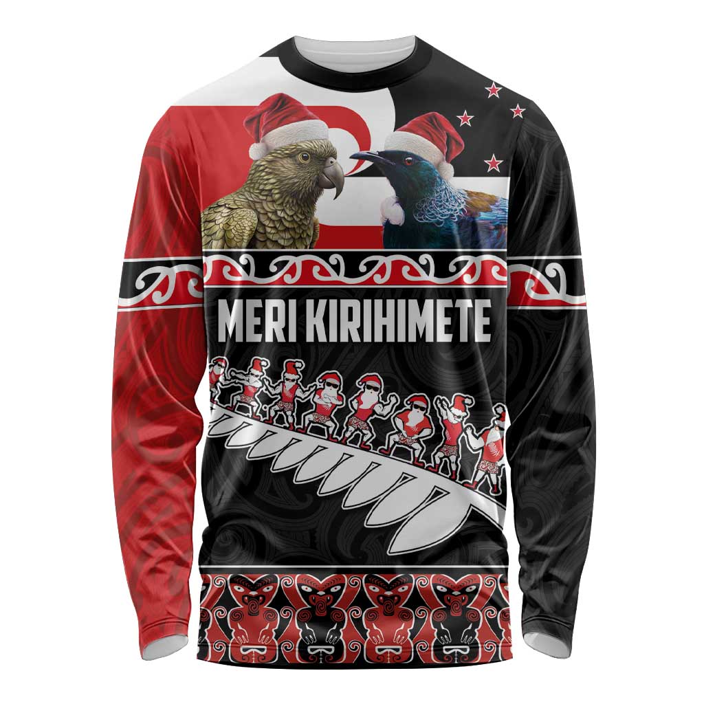 New Zealand Meri Kirihimete Long Sleeve Shirt Christmas Tui Bird and Kea Bird - Haka Santa with Maori Koru Art Pattern