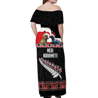 New Zealand Meri Kirihimete Off Shoulder Maxi Dress Christmas Tui Bird and Kea Bird - Haka Santa with Maori Koru Art Pattern