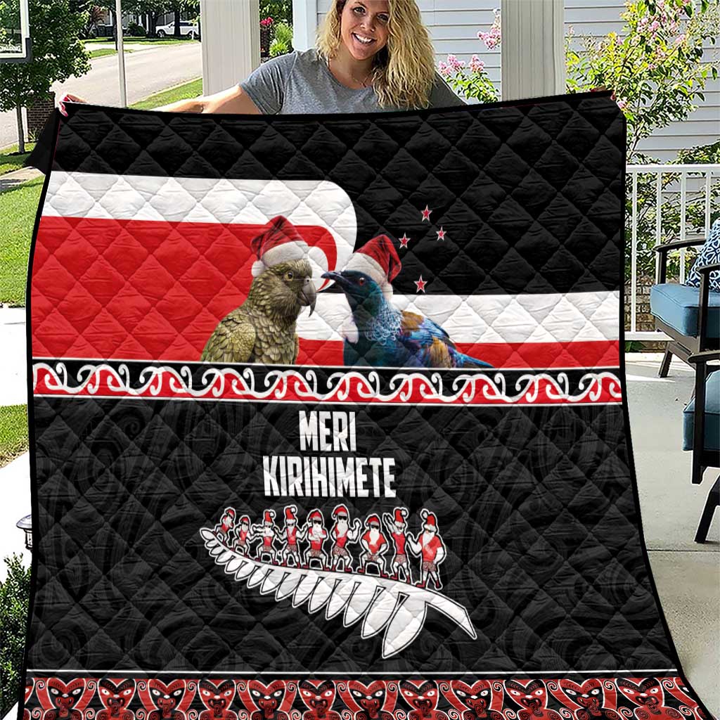 New Zealand Meri Kirihimete Quilt Christmas Tui Bird and Kea Bird - Haka Santa with Maori Koru Art Pattern