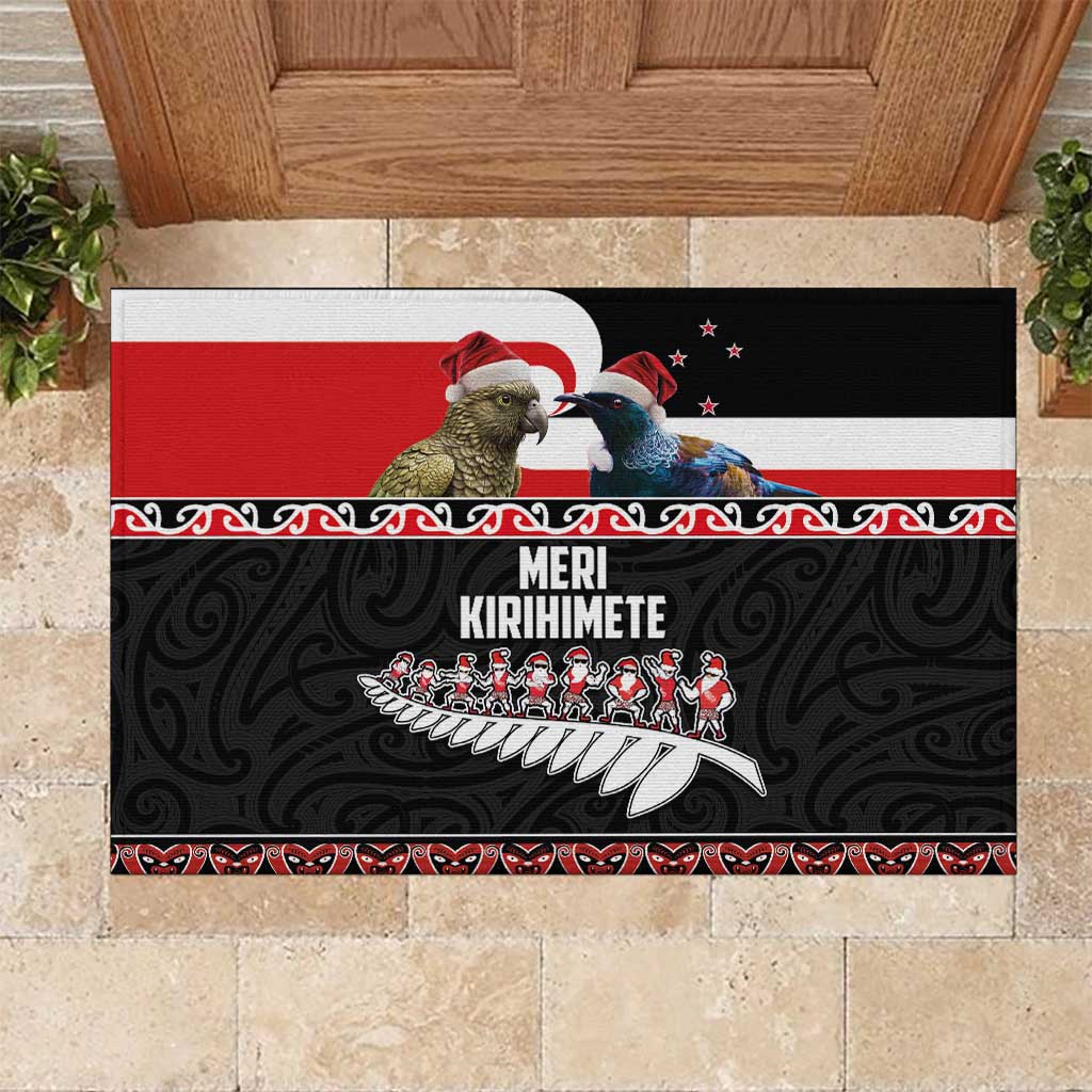 New Zealand Meri Kirihimete Rubber Doormat Christmas Tui Bird and Kea Bird - Haka Santa with Maori Koru Art Pattern