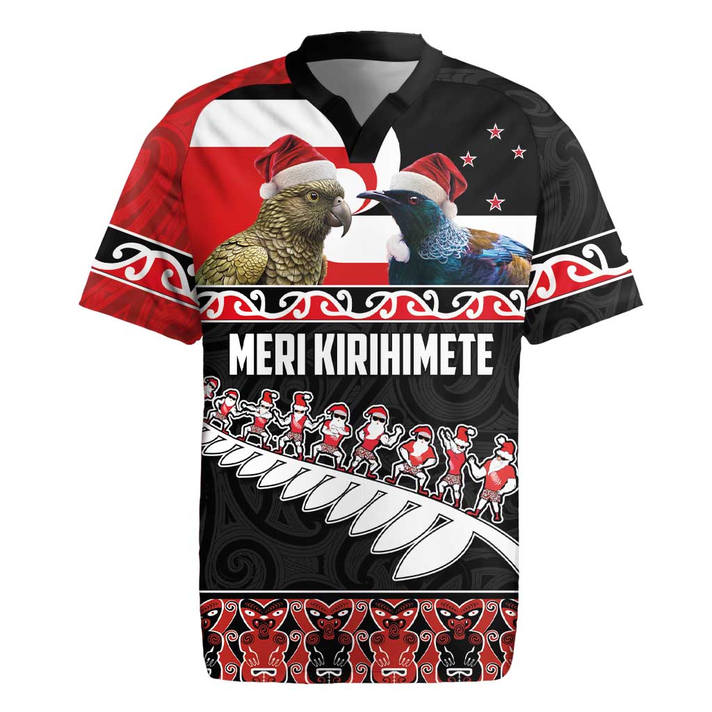 New Zealand Meri Kirihimete Rugby Jersey Christmas Tui Bird and Kea Bird - Haka Santa with Maori Koru Art Pattern