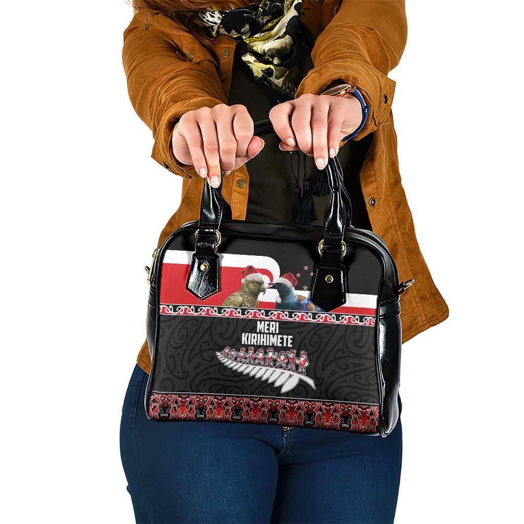 New Zealand Meri Kirihimete Shoulder Handbag Christmas Tui Bird and Kea Bird - Haka Santa with Maori Koru Art Pattern