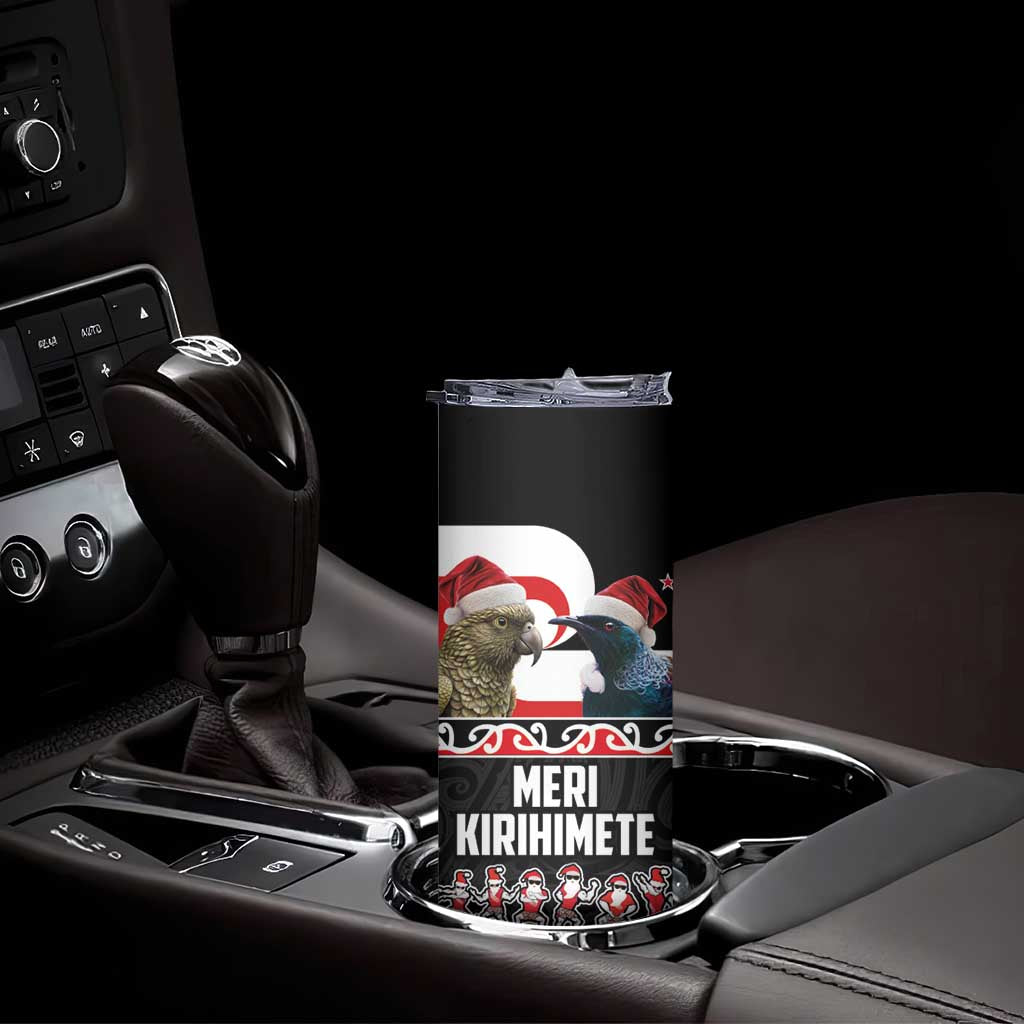 New Zealand Meri Kirihimete Skinny Tumbler Christmas Tui Bird and Kea Bird - Haka Santa with Maori Koru Art Pattern