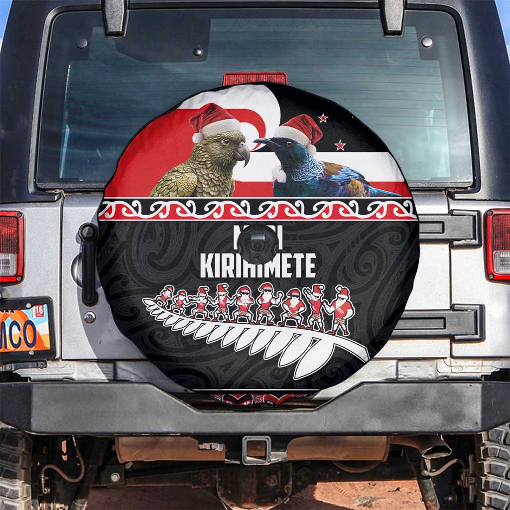 New Zealand Meri Kirihimete Spare Tire Cover Christmas Tui Bird and Kea Bird - Haka Santa with Maori Koru Art Pattern