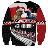 New Zealand Meri Kirihimete Sweatshirt Christmas Tui Bird and Kea Bird - Haka Santa with Maori Koru Art Pattern
