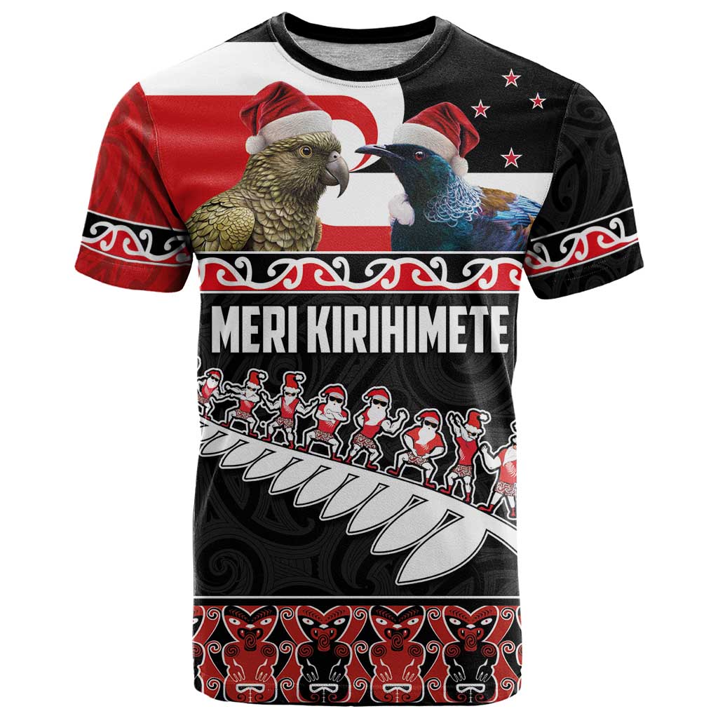 New Zealand Meri Kirihimete T Shirt Christmas Tui Bird and Kea Bird - Haka Santa with Maori Koru Art Pattern