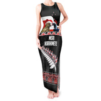 New Zealand Meri Kirihimete Tank Maxi Dress Christmas Tui Bird and Kea Bird - Haka Santa with Maori Koru Art Pattern