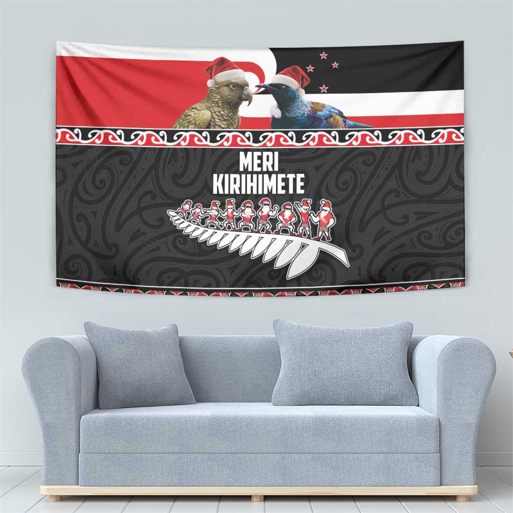 New Zealand Meri Kirihimete Tapestry Christmas Tui Bird and Kea Bird - Haka Santa with Maori Koru Art Pattern